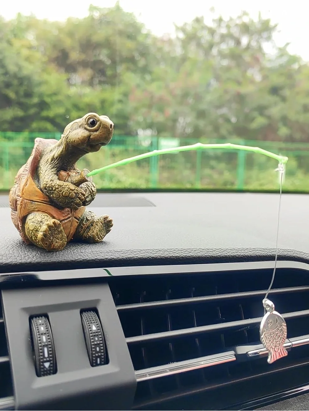 Turtle Figurine with Fishing Rod - Decorative Reptile Accent in Green and Brown
